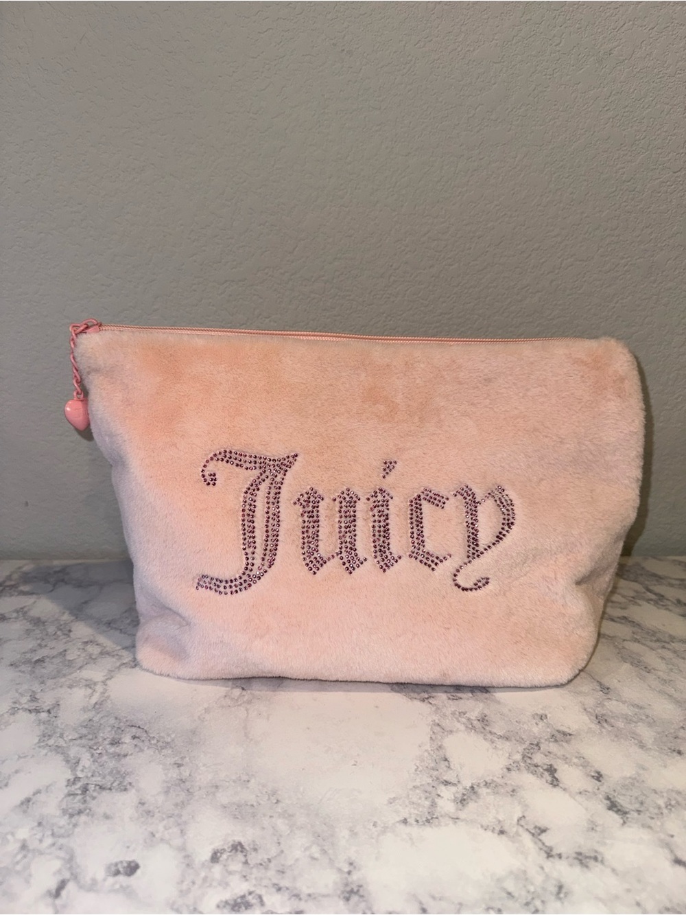 Juicy Couture Blush Pink Plush Cosmetic/Toiletries Pouch with Rhinestone Logo